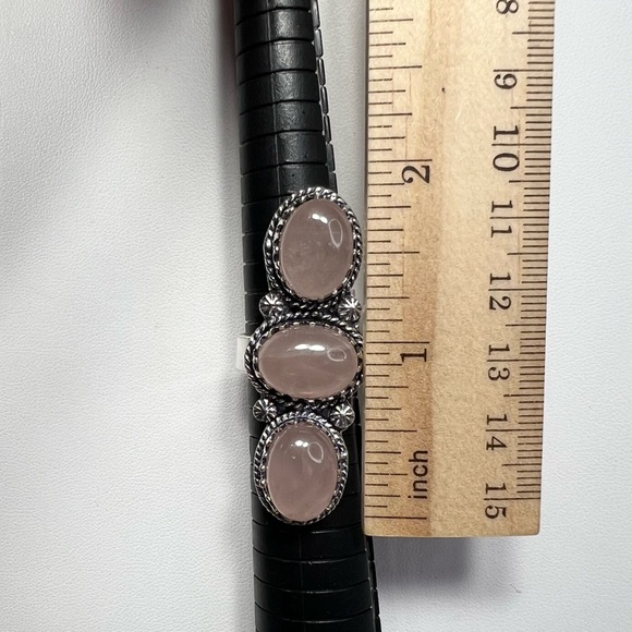 Rose Quartz 925 Triple Stone Gemstone Silver Ring 8 - Picture 3 of 5